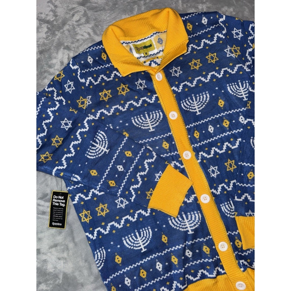 New Tipsy Elves Men's Christmas Sz XXL Blue Menorah Print Cardigan‎ Sweater